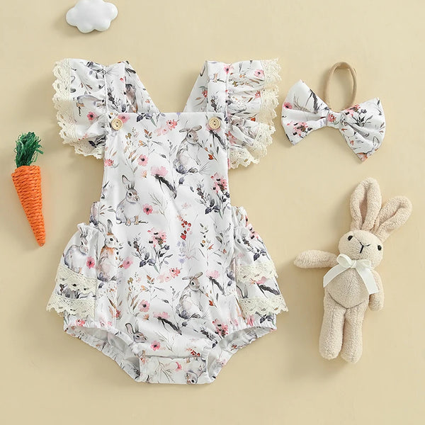 Fluffy Bunny Ruffled Romper Set for Baby Girls