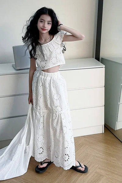 Coquette White Eyelet Matching Bardot-Style Top & Long Skirt Set for Girls