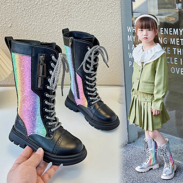 The Rainbow Lace-Up Iridescent Boots for Girls