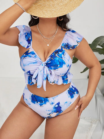 Women's Plus Size Marble Flutter-Sleeve Bikini