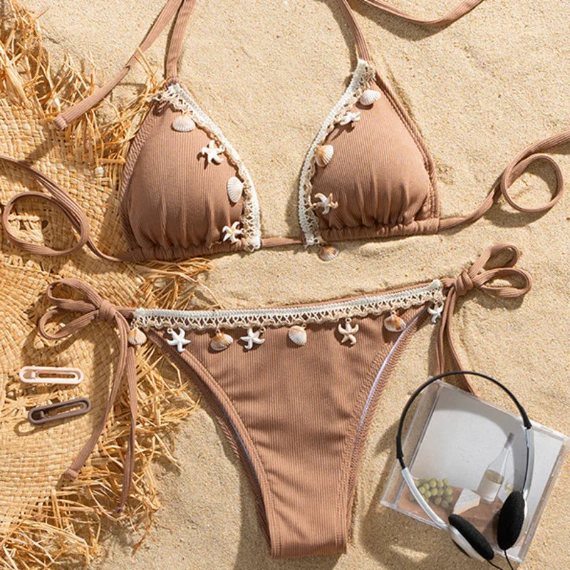 Shelly Beach Side-Tie Bikini with Ivory Shells