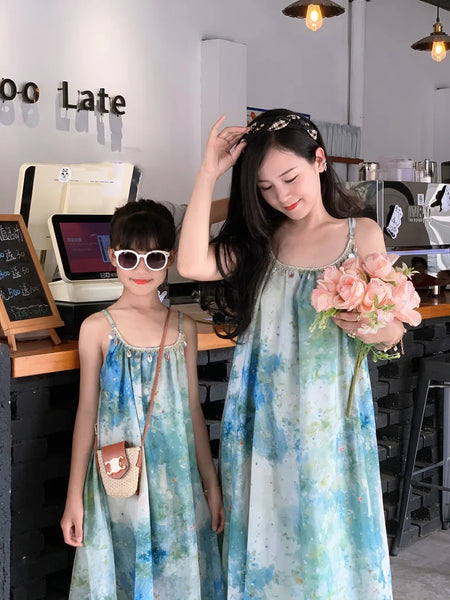 Momma & Me Matching: Aqua Splash Loose and Flowy Midi Beach Dress
