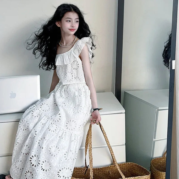 Coquette White Eyelet Matching Bardot-Style Top & Long Skirt Set for Girls