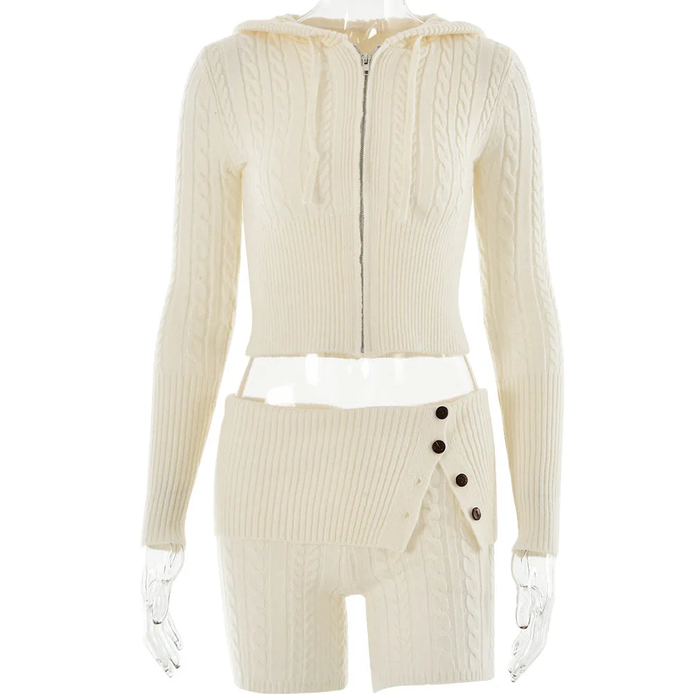 Chase Cable Knit Sweater Crop Hoody & Matching Shorts Lounge Set