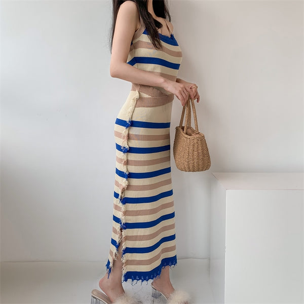 Mommy & Me: Women's Beige/Blue Bandage Stripe Midi Dress