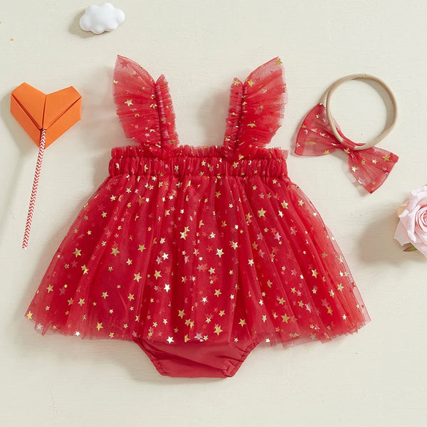 Starry Mesh Ruffle Romper Dress for Baby Girls