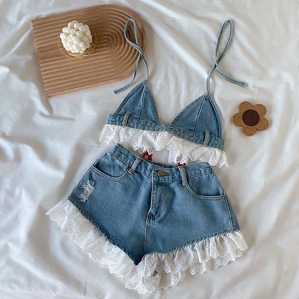 The Tally Denim Ruffle Halter Top & Shorts Outfit for Girls & Teens