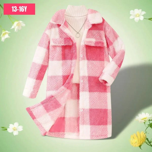 Pink Fluffy Longline Plaid Shacket for Tweens & Teens