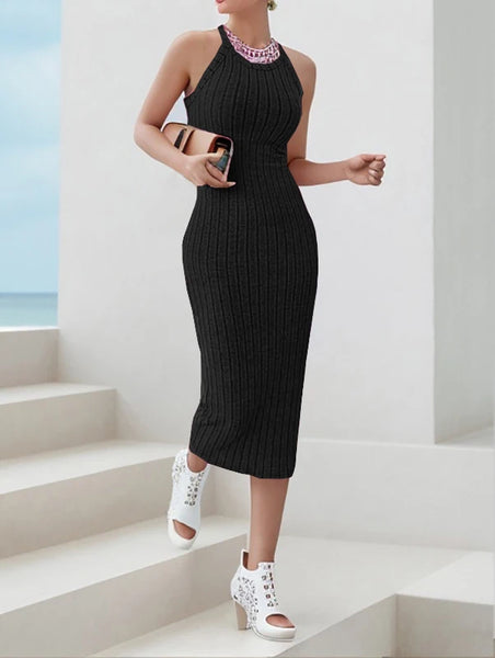 Chelsea Ribbed Halter Knit Sweater Midi Dress