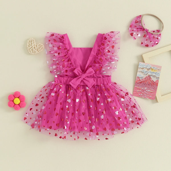 The Pretty in Pink Heart Flutter Sleeve Romper Dress