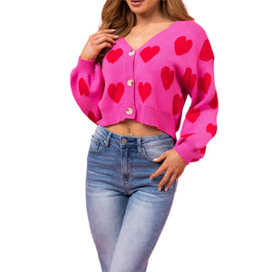 Women's Heart Print Cropped Sweater Cardi