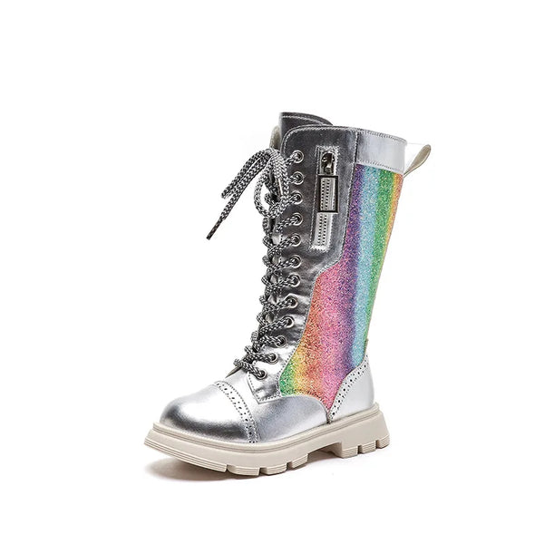 The Rainbow Lace-Up Iridescent Boots for Girls