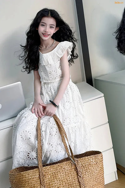 Coquette White Eyelet Matching Bardot-Style Top & Long Skirt Set for Girls