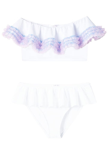 White Drape Bikini with Blue and Pink Anemone Ruffles