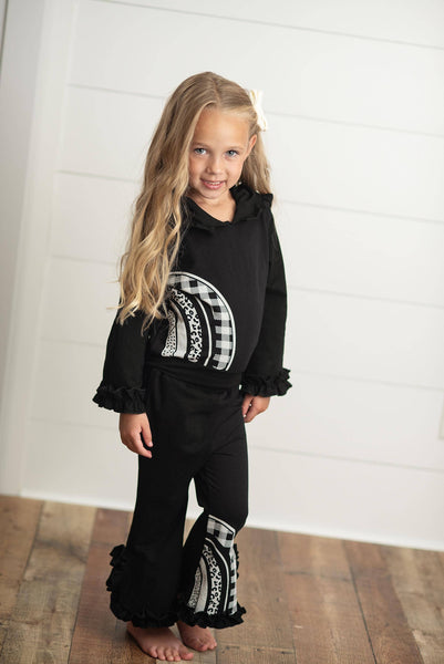 Black & White Rainbow Check Hooded Ruffle Pocket Lounge Set for Girls