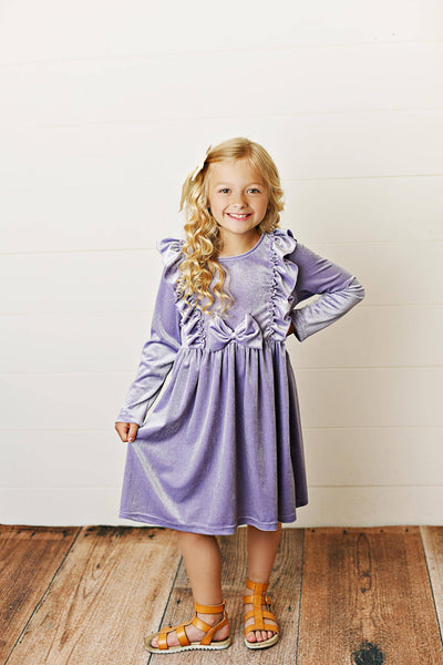 Lavender Velvet Bow Ruffle Fancy Holiday Party Dress