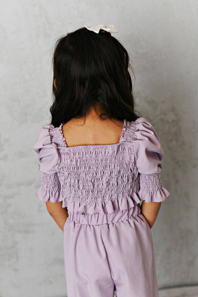 Girls Lavender Shirred Puff Sleeve Bow Short Set