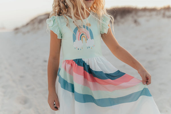 Mint Blue Short Sleeve Rainbow Hi Lo Dress