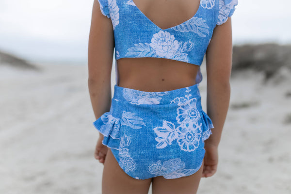 Vintage Blue Floral Open Back One Piece Ruffle Swimsuit