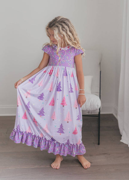 Girls Purple Christmas Tree Holiday Ruffle Lounge Play Gown