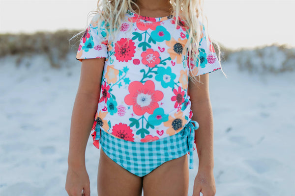 Teal Gingham & Floral Rash Guard Ruffle Bottom Two-Piece Swimsuit