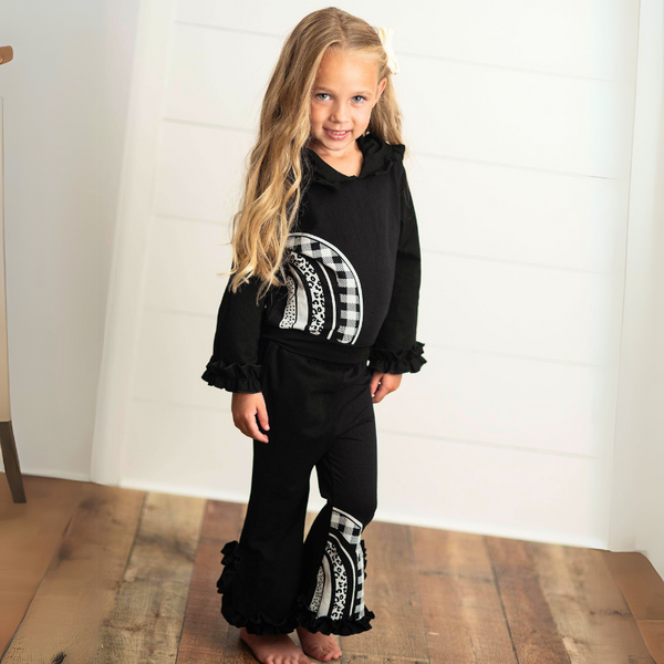 Black & White Rainbow Check Hooded Ruffle Pocket Lounge Set for Girls