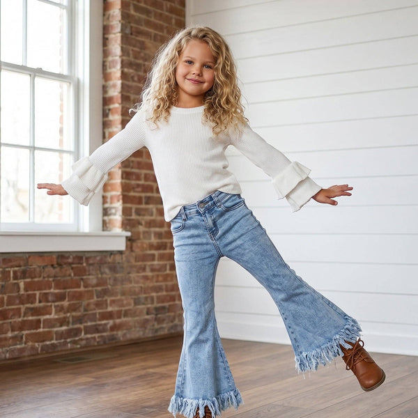 Girls' Light Wash Flare Fringe Denim Jeans