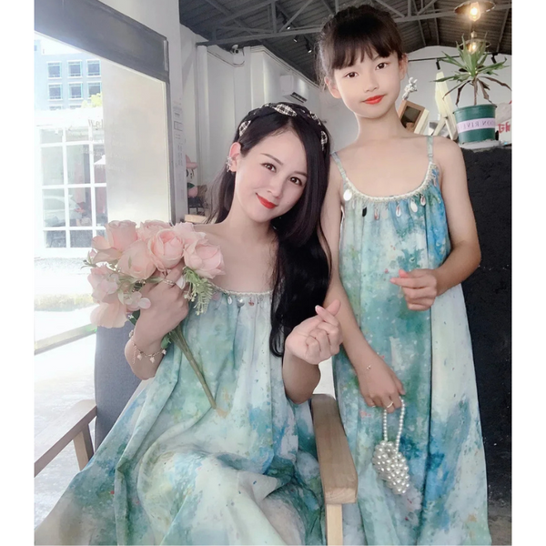Momma & Me Matching: Aqua Splash Loose and Flowy Midi Beach Dress
