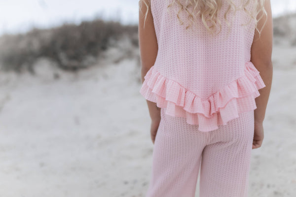 Girls Pink Ruffle Waffle Knit Spring Summer Lounge Set