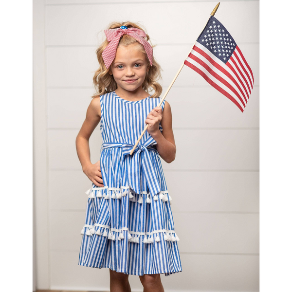 Blue Stripe Tiered Tassel Dress for Girls