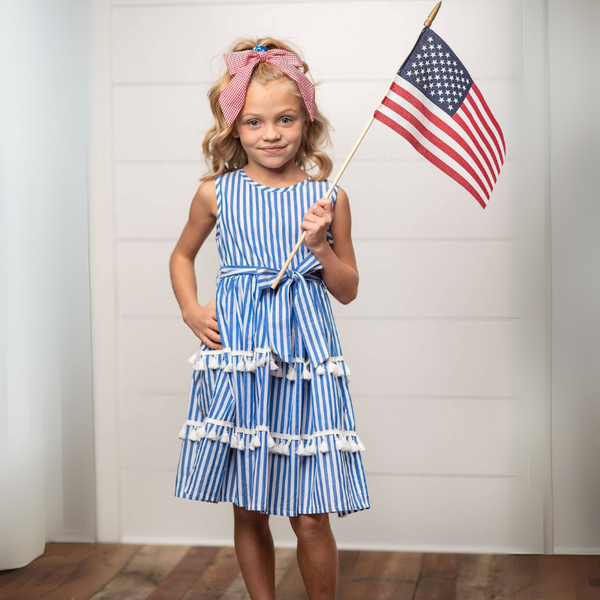 Blue Stripe Tiered Tassel Dress for Girls