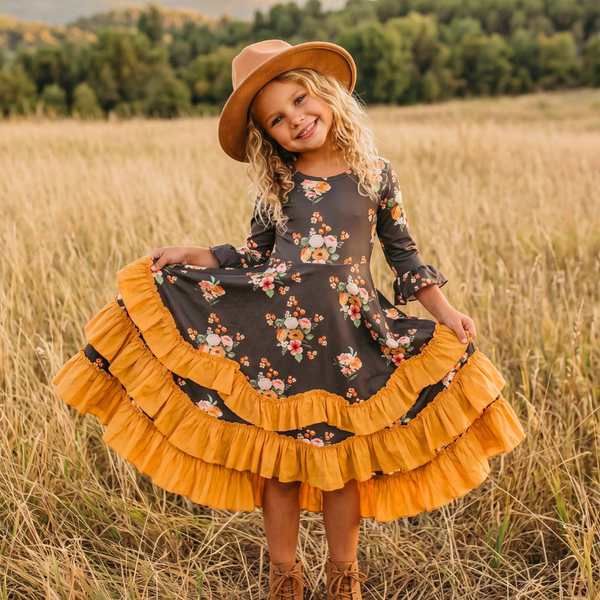 Girls Chocolate & Mustard Fall Twirl Ruffles Dress