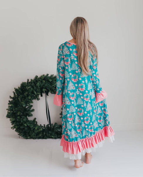 Women's Pink Teal Christmas Holiday Nutcracker Lounge Gown