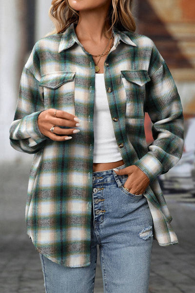 Plaid Button Down Shirt with Chest Pockets and Tie Hem in Dream Orange, Dream Green or Dream Grey