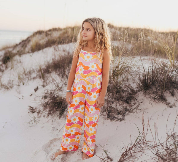 Girls Tangerine & Pink Retro Floral Jumpsuit with Pockets