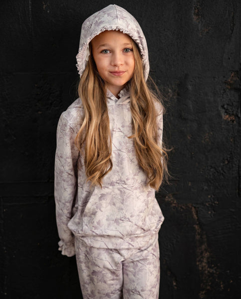 Girls Light Gray Camo Hooded Ruffle Pocket Lounge Set