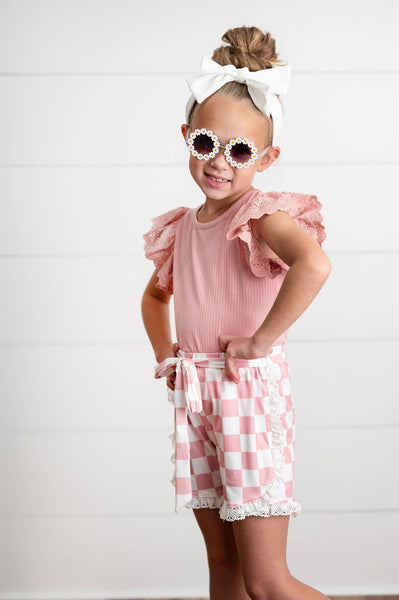 Girls Pink Lace Checkered Spring Summer Short Set