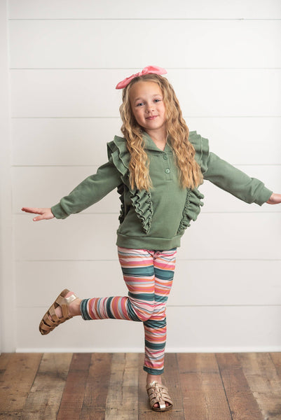 Sage Double Ruffle Button Hoodie & Stripe Leggings Set