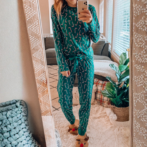 Green Christmas Candy Cane Printed Top and Pants Lounge Set