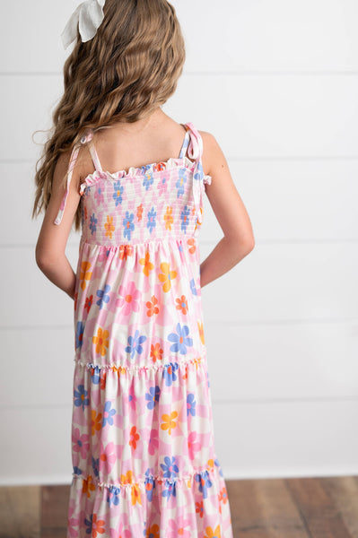 Girls Pink Retro Daisy Tiered Spring Summer Maxi Dress