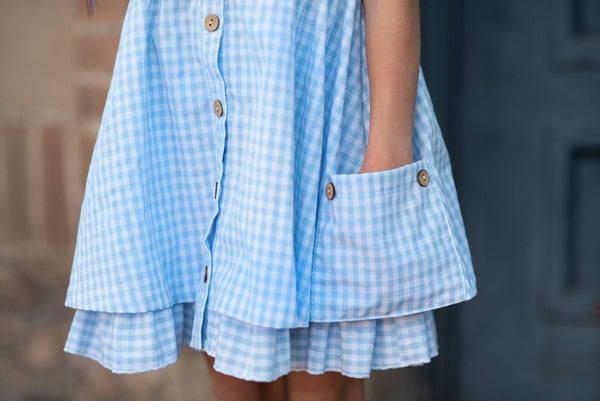 Blue & White Gingham Check Pocket Ruffle Spring Dress