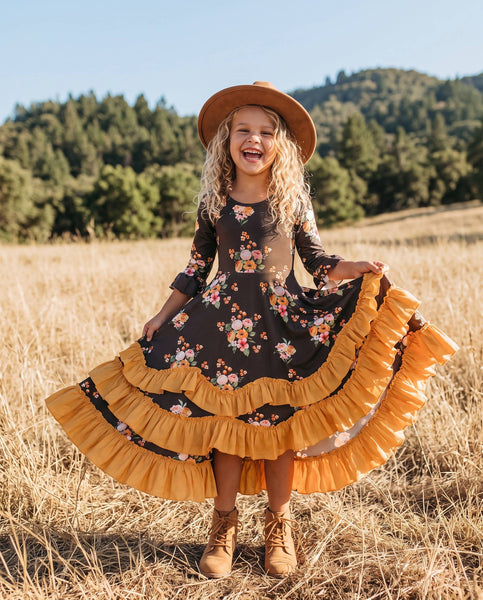 Girls Chocolate & Mustard Fall Twirl Ruffles Dress