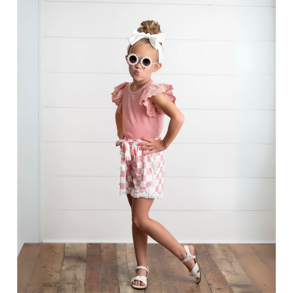 Girls Pink Lace Checkered Spring Summer Short Set