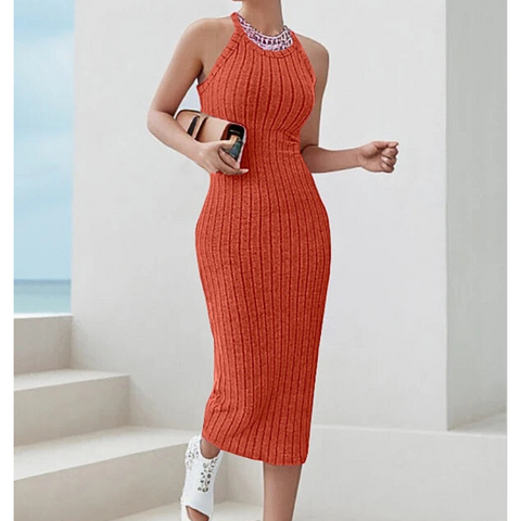 Chelsea Ribbed Halter Knit Sweater Midi Dress