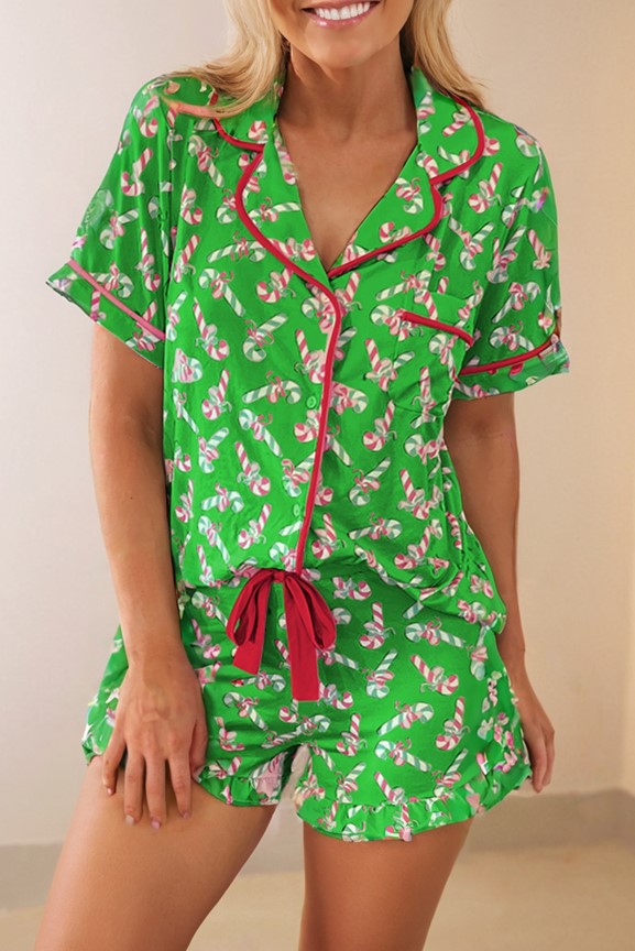 Christmas Candy Cane Print Pocketed Knotted Lounge Set for Women & Teens