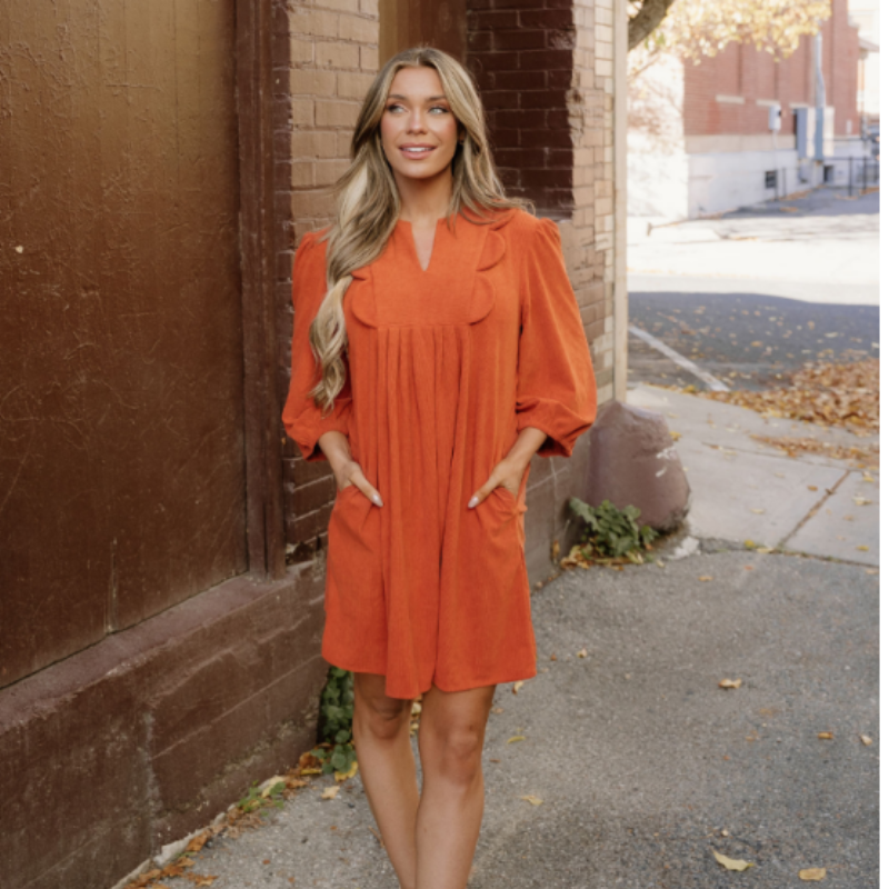 Micah Scallop Detail Pleated Corduroy Mini Dress