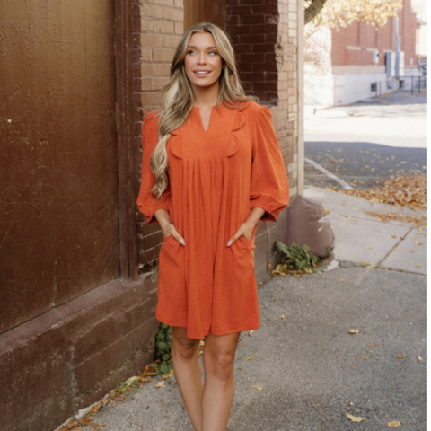 Micah Scallop Detail Pleated Corduroy Mini Dress