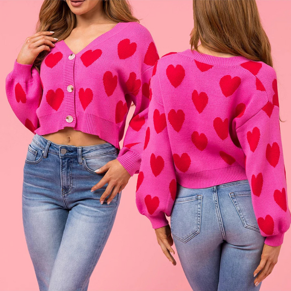 Women's Heart Print Cropped Sweater Cardi