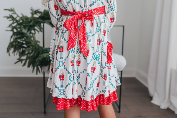 Girls' Christmas Holiday Nutcracker Pocket Tie Ruffle Dress
