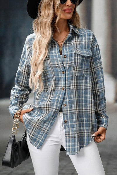 Plaid Button Down Shirt with Chest Pockets and Tie Hem in Denim Blue or Pink